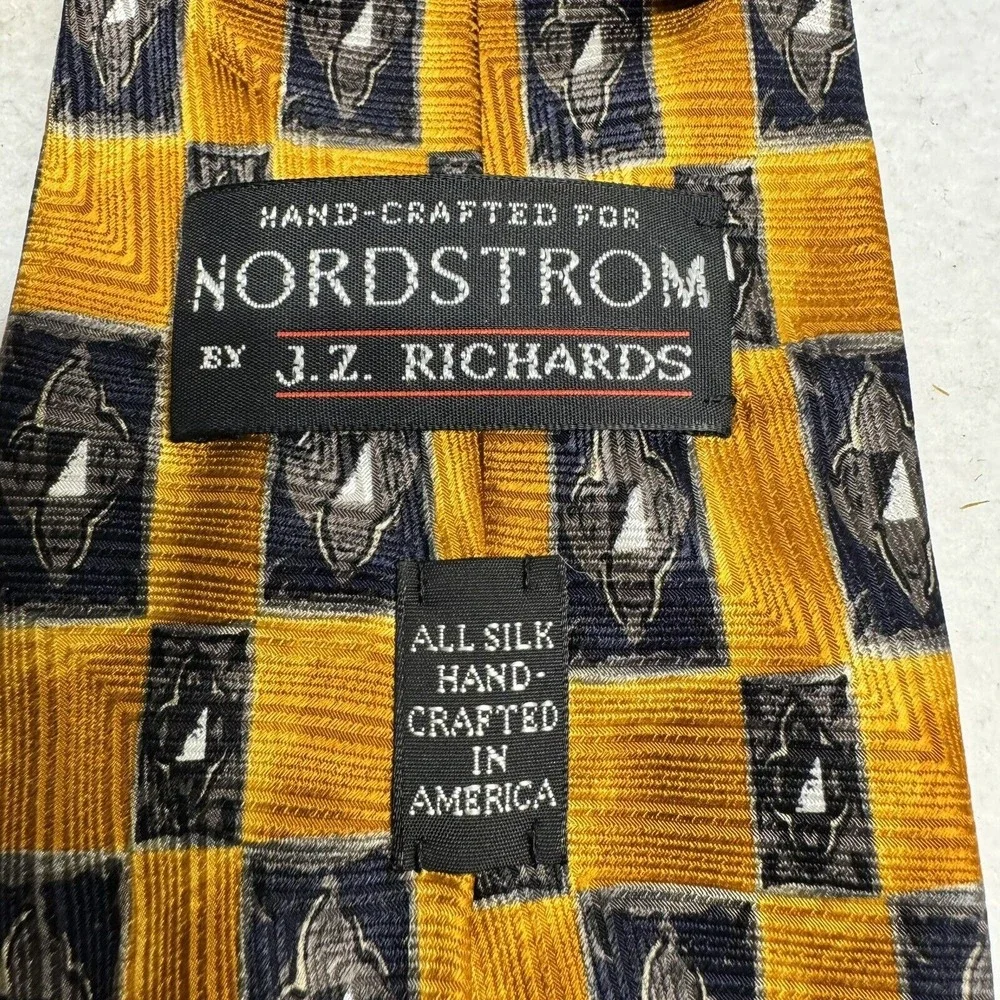 J.Z. Richards Silk Necktie Mens OS Gold Navy‎ Geometric Handcrafted Professional